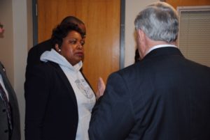 State Rep. LaToya Greenwood (left) meets with President & CEO of Southern Illinois Healthcare Foundation Larry McCulley (right) for a tour of Touchette Regional Hospital.