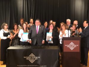 Pictured: State Rep. Jennifer Gong-Gershowitz with fellow legislators joining Governor Pritzker for the signing of the HB 836 and HB 1553.