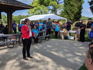 PICTURED: State Rep. Joyce Mason speaks at the Seventh Annual Walk for Awareness and Suicide Prevention at Hastings Lake Forest Preserve in Lake Villa on Saturday.