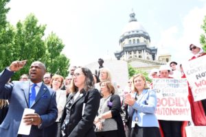 State Rep. Emanuel “Chris” Welch, D-Hillside joins legislators and activists to stand up for a woman’s right to make her own health decisions at a rally outside the Capitol Wednesday.