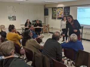 PICTURED: State Rep. Joyce Mason, state Sen. Melinda Bush, Faith in Place Lake County Outreach Director Celeste Flores and Illinois Environmental Council Director Jennifer Walling answer residents’ questions about the Clean Energy Jobs Act at the Clean Energy Town Hall in Zion.