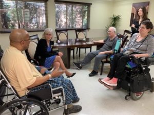 PICTURED: State Rep. Mary Edly-Allen (center left) meets with local residents Bruce Summers (far left), Thomas Kereszturi (center right), and Marla Levi (far right) at Alden Long Grove Rehabilitation and Acute-Care Center.