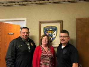 State Rep. Monica Bristow, D-Alton, (center) is pictured with Granite City Chief of Police Ken Rozell (right) and Assistant Chief of Police Major Mike Nordstrom (left)